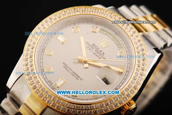 Rolex Day Date II Oyster Perpetual Automatic Movement Grey Dial with Double Row Diamond Bezel - Diamond Markers and Two Tone Strap - Click Image to Close